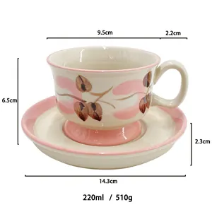 Detailed size measurement chart for vintage hand-painted ceramic coffee cup and saucer set