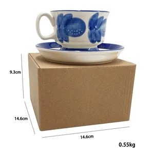 Detail view of floral hand-painted ceramic cup set with dimensions in a kraft gift box