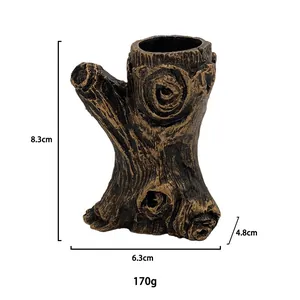 Dettaglio dell'ornamento a ceppo d'albero in resina con venature legno e misure