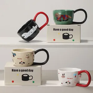 Taza de Cerámica Irregular Creativa Con Asa Redonda Grande Lindo Patrón de Animales de Dibujos Animados Taza de Café de Desayuno Oficina Hogar Regalo