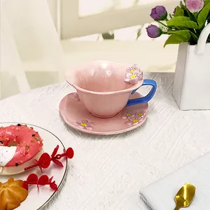 Artistic handmade petal ceramic coffee cup and saucer set with 3D floral relief decor