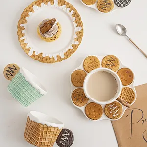 Creative ceramic waffle and biscuit shaped tableware set with mug and dessert plate
