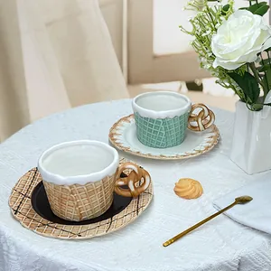 Creative ceramic waffle texture coffee cup set with pretzel handle and matching saucer