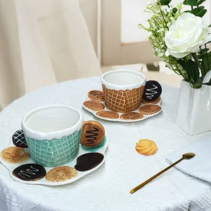 Cookie-themed ceramic cup and saucer set with waffle texture and cream glaze