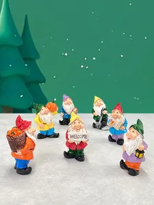 Detailed set of seven resin garden gnomes with various colorful tools and welcome signs