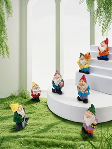 Set of seven resin garden gnomes in colorful outfits for miniature landscape decor