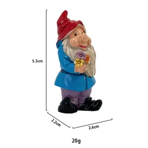 Detail view of 5.3cm resin garden gnome holding colorful flowers for micro landscapes