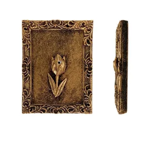 Vintage golden relief incense holder plate with classic tulip carving and scrolls