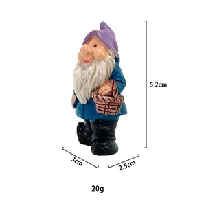 Miniature garden gnome ornament with purple hat and basket, size 5.2cm height