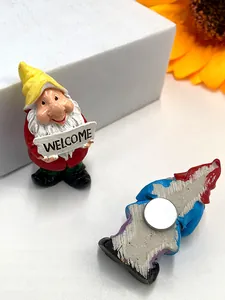 Detailed back view of a 3D gnome fridge magnet showing the embedded circular metal magnet