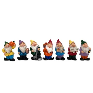 Set of 7 Nordic resin garden gnomes with colorful tools for outdoor micro landscape decor