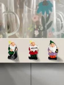 Three colorful garden dwarf magnets featuring shovel, lamp, and Welcome sign