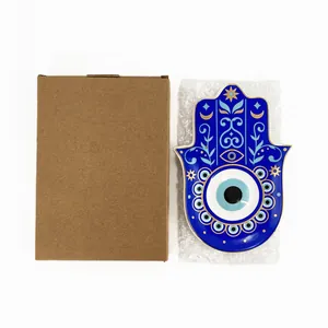 Keramik Hamsa-Hand-Schmuckschale mit Goldrand und blauem Evil Eye-Design im Geschenkkarton
