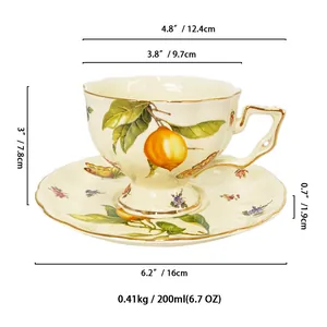 Detailed size specifications of a retro ceramic coffee cup with lemon floral patterns