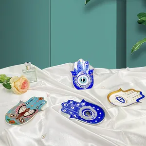 Keramik Hamsa Hand Böser Blick Schmuckschale Boho Schmucktablett Goldrand Ringhalter Platte Für Zuhause Deko Geschenk Damen