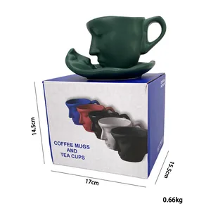 Artistic dark green ceramic coffee cup with face relief and matte finish texture details