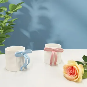 INS Style Ceramic Coffee Mug With 3D Bow Handle Cute Girly Cream White Irregular Handcrafted Tea Milk Cup Home Decor Gift For Women