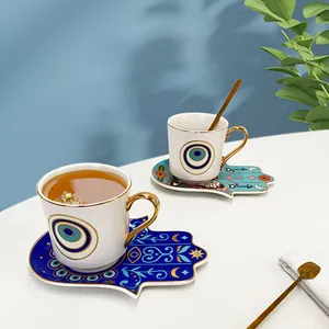 Set tazzine da caffè turco in ceramica con motivo Evil Eye e piattino Hamsa dorato