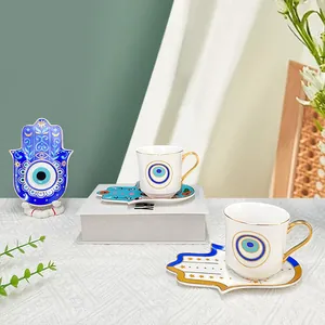 Set tazzine caffè in ceramica con occhio turco e piattino Mano di Fatima con oro