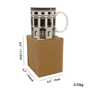 Italian vintage architectural ceramic mug with detailed black and white sketch and packaging