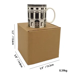 Italian architectural ceramic mug on craft box showing dimensions and weight metrics