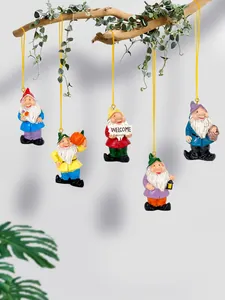 Set of 5 colorful resin garden gnomes hanging ornaments with Welcome sign and autumn props