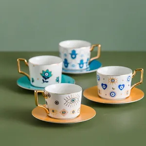 Set tazzine caffè in ceramica occhio del diavolo con bordo dorato mediterraneo