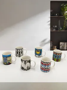 Detailed arrangement of vintage ceramic mugs with colorful retro architectural patterns