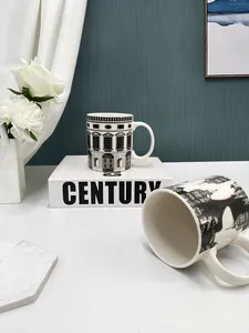 Detail of ceramic mug showing vintage Italian architectural pattern and skyline