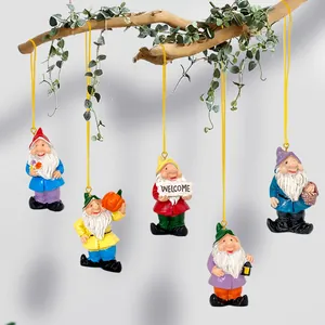 Set of 5 colorful resin garden gnomes wall hanging ornaments with welcome sign and pumpkin
