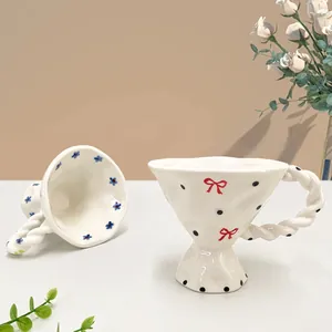 French Vintage Ceramic Goblet Mug Hand-painted Floral Bowknot Irregular Coffee Cup Handmade Decorative Desktop Ornament Gift