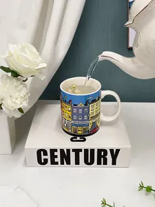 Action shot of hot water pouring into a ceramic mug featuring European architecture art