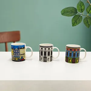Three creative Italian style ceramic mugs with architectural hand-painted art illustrations
