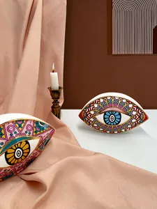 Artistic evil eye ceramic decor with colorful mandala patterns and gold gilded edges