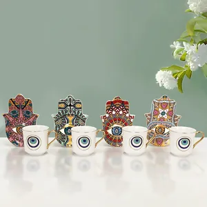Set tazzine caffè turco in ceramica nordica con occhio azzurro e piattino Hamsa