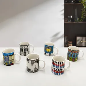 Set of 6 vintage Italian architecture ceramic mugs with artistic city building illustrations