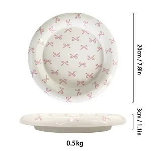 Detailed size parameters of pink bow ceramic dessert plate with dimensions and weight