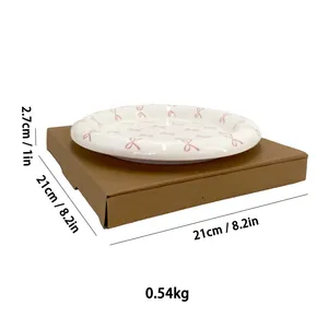 Detailed dimensions of 21cm ceramic dessert plate with hand-drawn pink bow pattern