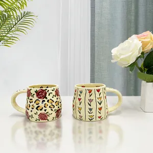 Vintage Hand-Painted Ceramic Flower Mug With Large Handle Cream Porcelain Coffee Cup For Rose Tulip Pattern Milk Juice Breakfast