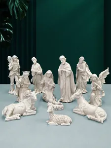 Set dettagliato di 11 statuine religiose del presepe in resina crema per decori