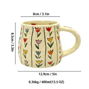 Handcrafted ceramic mug with tulip floral pattern showing 400ml dimensions and weight