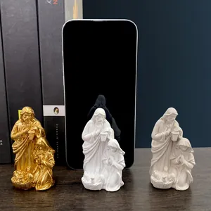 Golden and white resin Holy Family religious figurines for home decor and desktop ornament