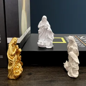 Holy Family religious figurines in gold and white resin for Christmas home decor