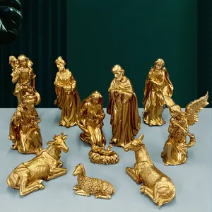 Set da 11 pezzi di statuette del presepe dorate in resina per decorazioni natalizie