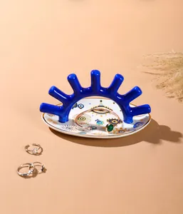 Bandeja de cerámica para joyas con diseño de ojo turco y soporte para anillos dorado