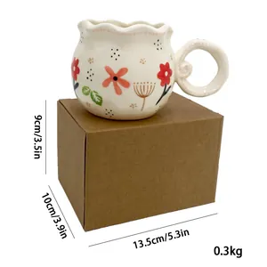 Ceramic flower mug with dimensions 9cm height and 0.3kg weight on kraft packaging