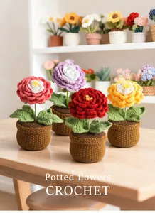 Close-up of four handmade crochet potted flowers in pink, purple, red, and yellow colors