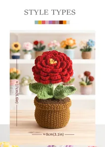 Detail view of a handmade crochet flower pot showing dimensions 17cm height and 8cm width