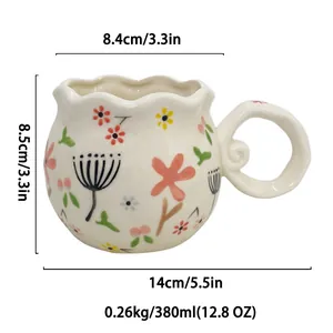 Ceramic flower mug with wavy rim and spiral handle, 380ml floral coffee cup for tea