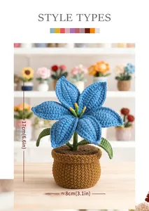 Detailed view of hand-knitted blue lily flower in brown pot with dimensions 17x8cm